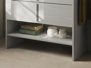Badmöbel Smile 90 cm auf dem Boden stehend mit 2 Schubladen Larix Grau mit integriertem Keramikwaschbecken