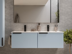 Meuble salle de bains AVIVO 120 cm 2 tiroirs cannelé bleu mat et lavabo en résine blanc brillant