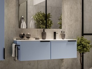 Meuble salle de bains AVIVO 120 cm 2 tiroirs cannelé bleu mat et lavabo céramique droite blanc brillant
