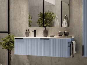 Meuble salle de bains AVIVO 120 cm 2 tiroirs cannelé bleu mat et lavabo céramique gauche blanc brillant