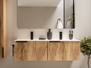 Meuble salle de bains AVIVO 120 cm 2 tiroirs cannelé chêne clair et lavabo céramique blanc brillant