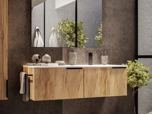 Meuble salle de bains AVIVO 120 cm 2 tiroirs cannelé chêne clair et lavabo céramique droite blanc brillant
