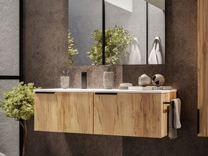 Meuble salle de bains AVIVO 120 cm 2 tiroirs cannelé chêne clair et lavabo céramique gauche blanc brillant