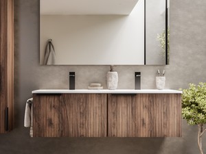 Meuble salle de bains AVIVO 120 cm 2 tiroirs cannelé chêne foncé et lavabo céramique blanc brillant