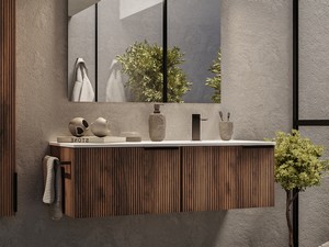 Meuble salle de bains AVIVO 120 cm 2 tiroirs cannelé chêne foncé et lavabo céramique droite blanc brillant