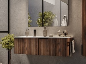 Meuble salle de bains AVIVO 120 cm 2 tiroirs cannelé chêne foncé et lavabo céramique gauche blanc brillant
