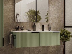 Meuble salle de bains AVIVO 120 cm 2 tiroirs cannelé vert mat et lavabo céramique droite blanc brillant