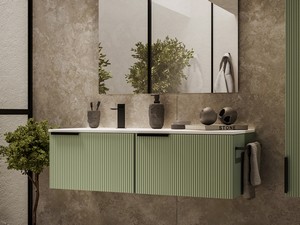 Meuble salle de bains AVIVO 120 cm 2 tiroirs cannelé vert mat et lavabo céramique gauche blanc brillant
