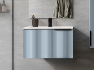 Meuble salle de bains AVIVO 60 cm 1 tiroir cannelé bleu mat et lavabo en résine blanc brillant