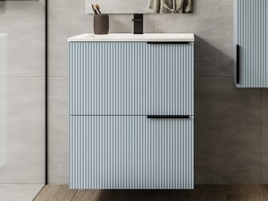 Meuble salle de bains AVIVO 60 cm 2 tiroirs cannelé bleu mat et lavabo en résine blanc brillant