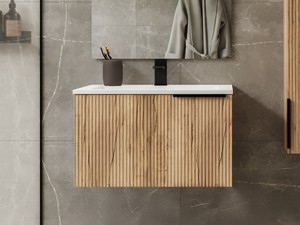 Meuble salle de bains AVIVO 60 cm 1 tiroir cannelé chêne clair et lavabo en résine HIDE blanc brillant