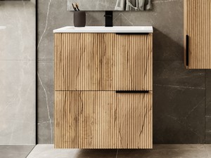 Meuble salle de bains AVIVO 60 cm 2 tiroirs cannelé chêne clair et lavabo en résine HIDE blanc brillant