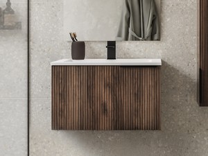 Meuble salle de bains AVIVO 60 cm 1 tiroir cannelé chêne foncé et lavabo en résine blanc brillant