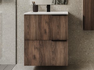 Meuble salle de bains AVIVO 60 cm 2 tiroirs cannelé chêne foncé et lavabo céramique blanc brillant