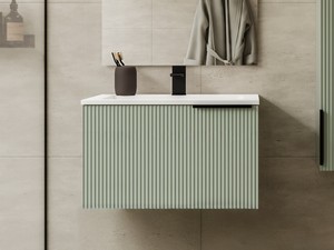 Meuble salle de bains AVIVO 60 cm 1 tiroir cannelé vert mat et lavabo en résine blanc brillant