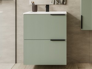Meuble salle de bains AVIVO 60 cm 2 tiroirs cannelé vert mat et lavabo céramique blanc brillant