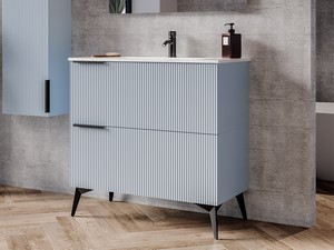 Meuble salle de bains AVIVO 90 cm 2 tiroirs cannelé bleu mat et lavabo en résine blanc brillant