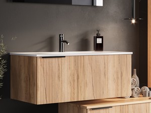 Meuble salle de bains AVIVO 90 cm 1 tiroir cannelé chêne clair et lavabo en résine blanc brillant