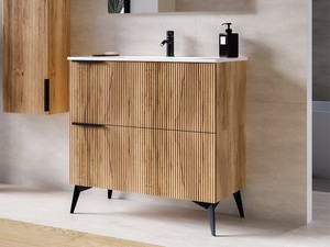 Meuble salle de bains AVIVO 90 cm 2 tiroirs cannelé chêne clair et lavabo en résine blanc brillant