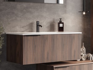 Meuble salle de bains AVIVO 90 cm 1 tiroir cannelé chêne foncé et lavabo en résine blanc brillant