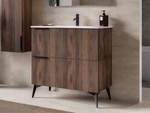 Meuble salle de bains AVIVO 90 cm 2 tiroirs cannelé chêne foncé et lavabo en résine blanc brillant