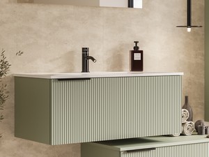Meuble salle de bains AVIVO 90 cm 1 tiroir cannelé vert mat et lavabo céramique blanc brillant