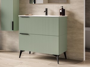 Meuble salle de bains AVIVO 90 cm 2 tiroirs cannelé vert mat et lavabo en résine blanc brillant