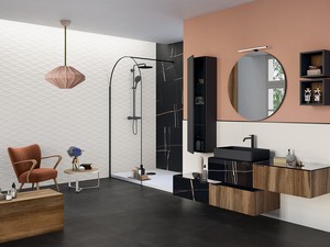 Meuble salle de bains CLASS GRES 140 cm 1 tiroir grès marbre Sahara noir et 1 tiroir noyer avec plan grès Sahara noir brillant