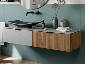 CLASS GRES BATHROOM FURNITURE 140 CM 1 DRAWER GRES PIASENTINA STONE AND 1 DRAWER CANNETÉ WALNUT WITH TOP