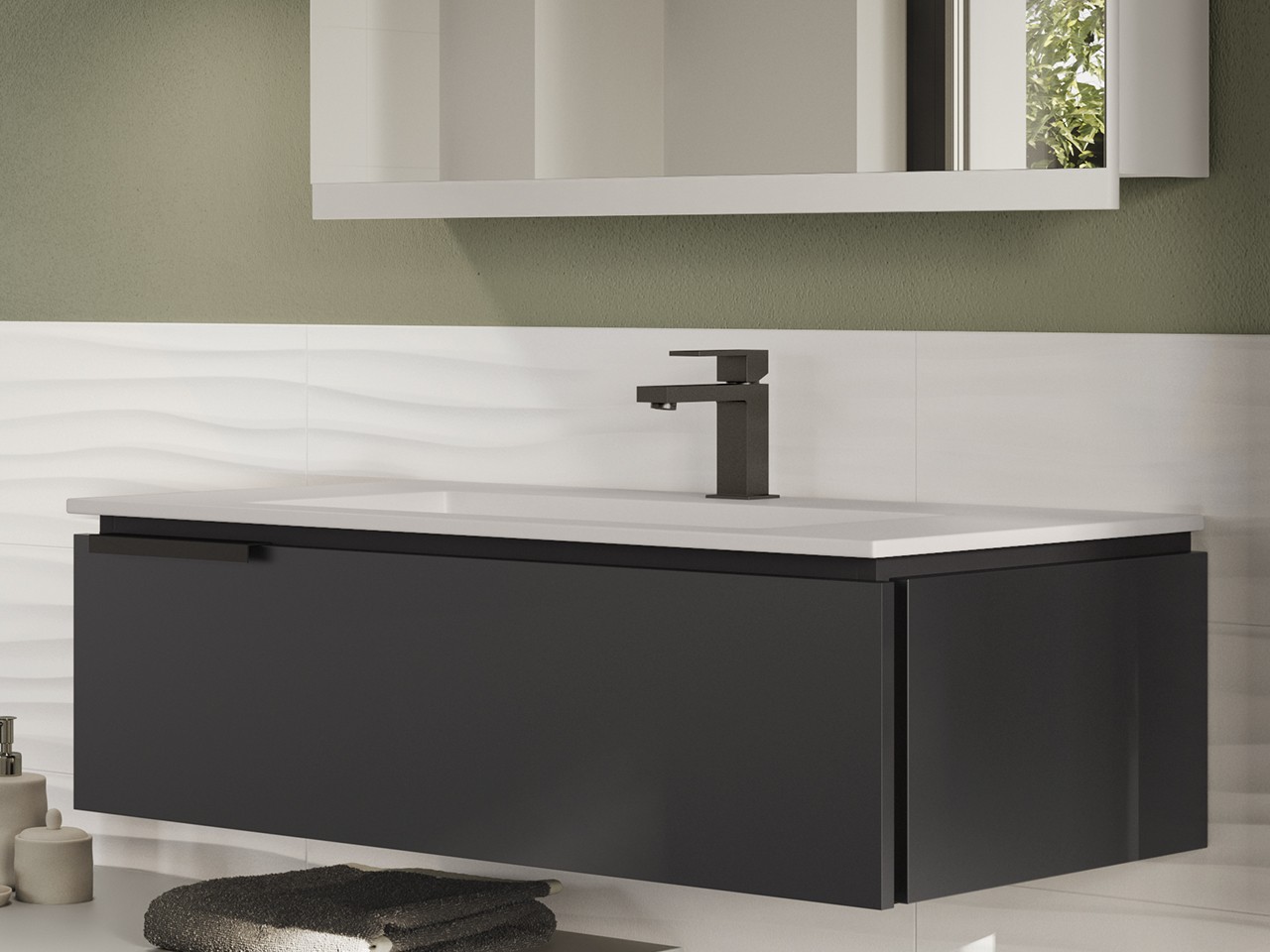 Meuble sous-vasque TOUCH 90 cm 1 tiroir noir mat lavabo intégré TRENDY