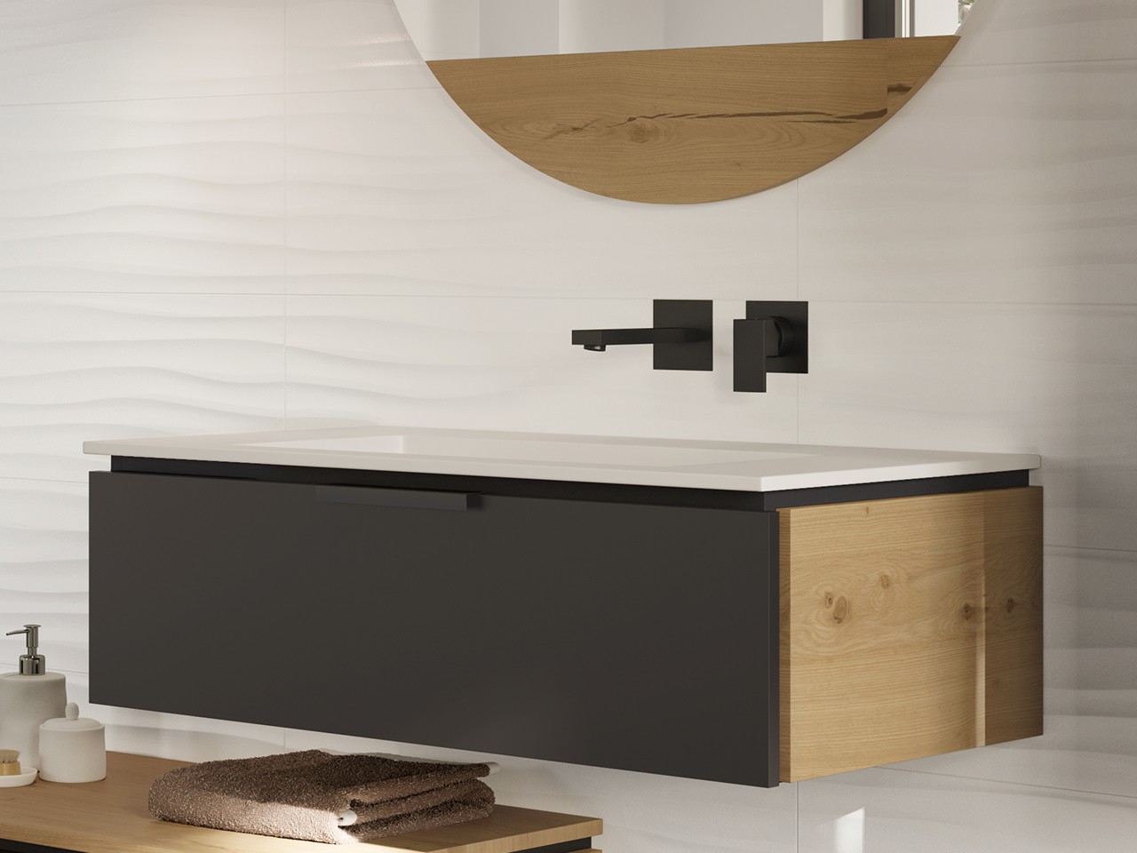 GERMAN Badmöbel Set 60 Cm Mit Waschbecken - Eiche Artisan & Schwarz Matt