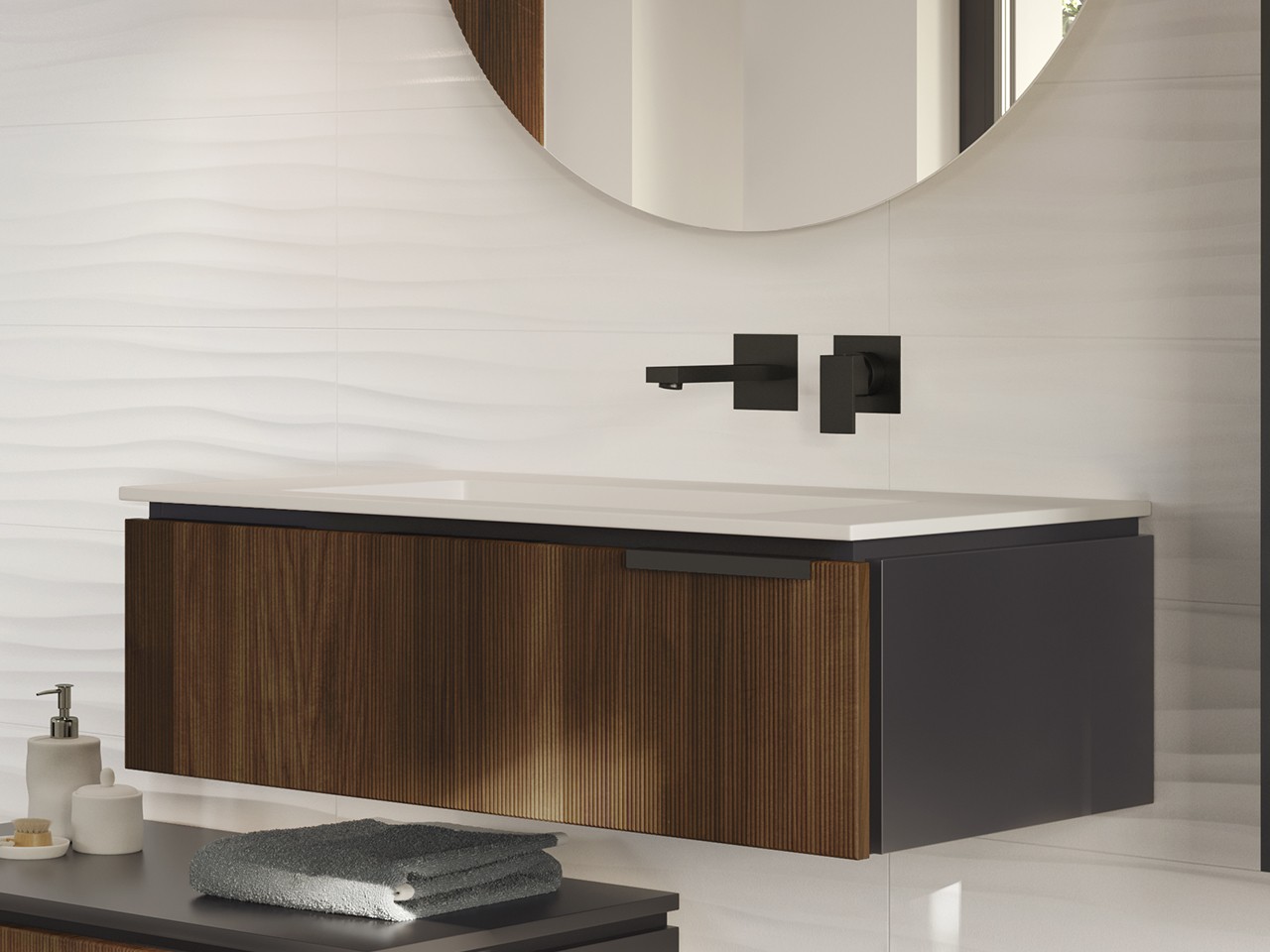 Meuble salle de bains BLUES 90 cm 1 tiroir noyer cannelé lavabo intégré