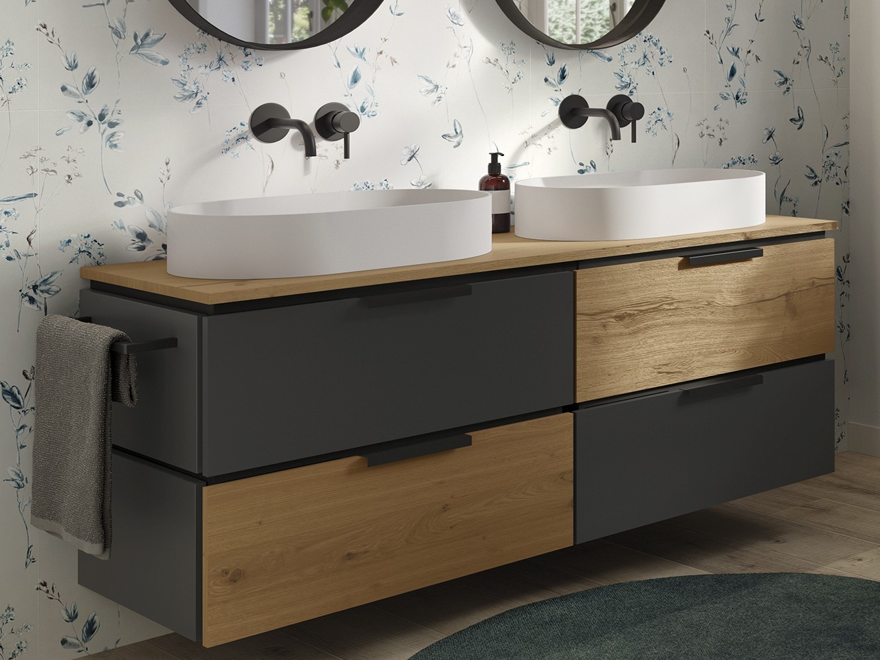 Meuble salle de bains TOUCH 140 cm 4 tiroirs noir mat/chêne et top