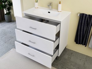 Meuble salle de bains TRIO L80 cm sur pied avec 3 tiroirs et lavabo Unitop en céramique finition blanc mat