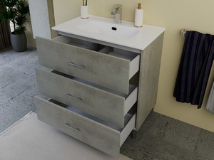TRIO FLOOR-MOUNTED BATHROOM FURNITURE L80 cm WITH 3 DRAWERS AND UNITOP CERAMIC WASHBASIN CEMENT FINISH