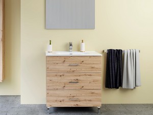 Meuble salle de bains TRIO L80 cm sur pied avec 3 tiroirs et lavabo Unitop en céramique finition chêne à nœuds
