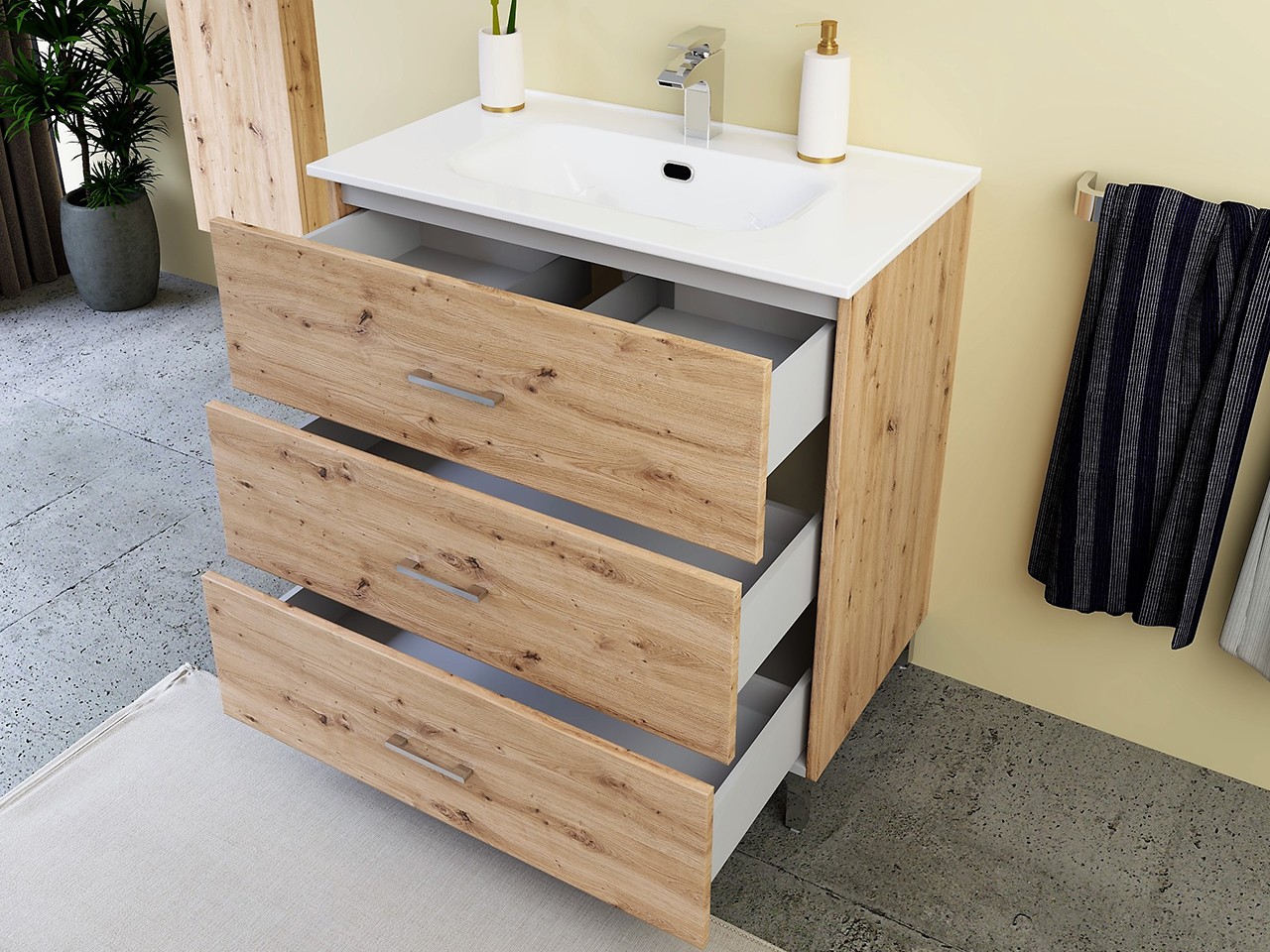 Meuble salle de bains TRIO L80 cm sur pied avec 3 tiroirs et lavabo