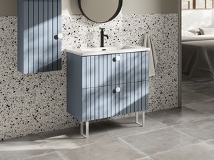 Meuble de salle de bains LERICI L75 cm sur pieds 2 tiroirs finition bleu mat avec lavabo Unitop en céramique