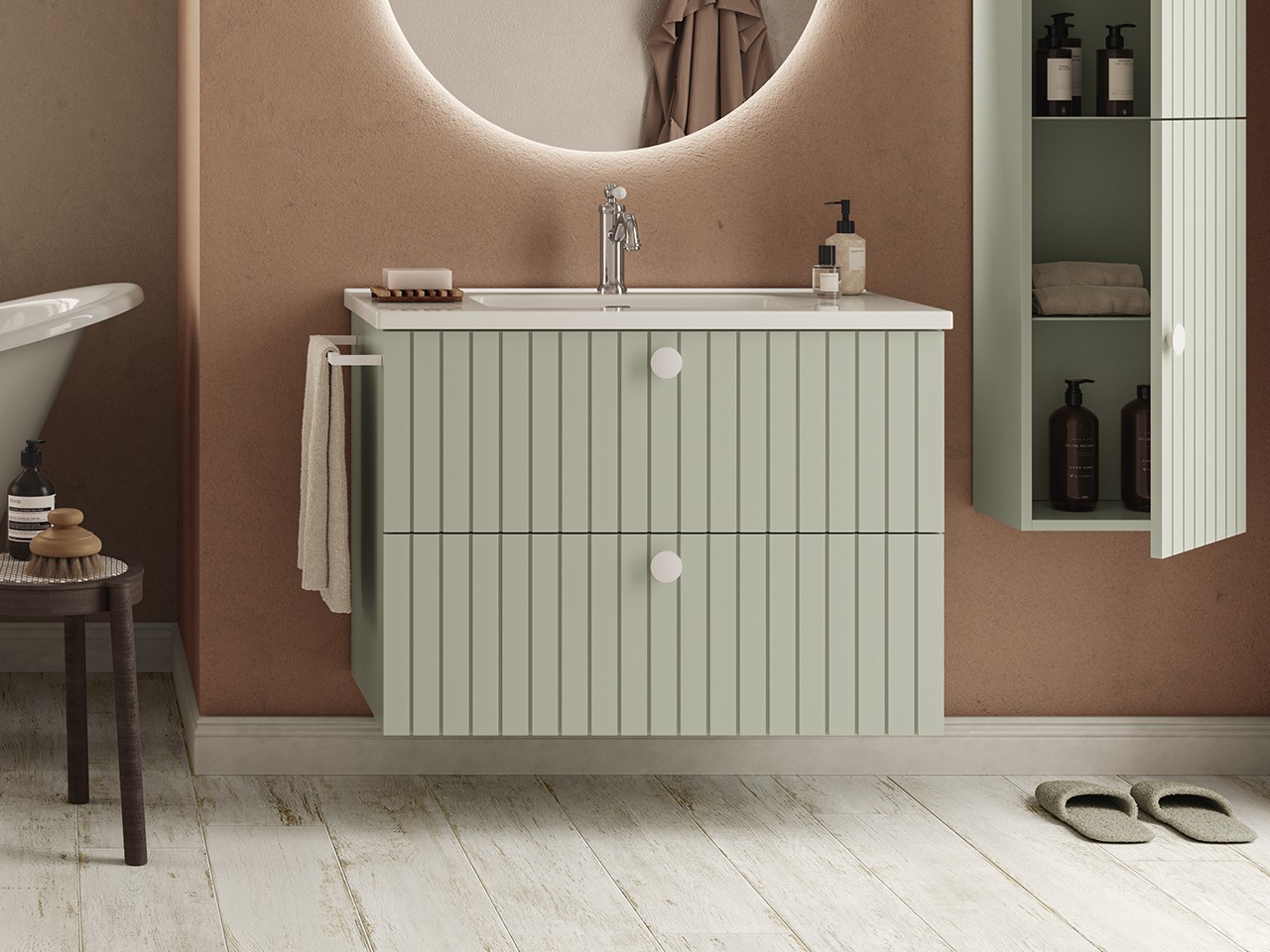 Meuble de salle de bains LERICI L90 cm 2 tiroirs finition vert mat avec