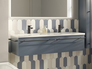 Badezimmermöbel LUMI L120 cm mit 2 Schubladen, mattblau, mit Waschbecken Unitop SLIM aus glänzend weißem Harz