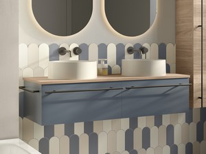 Badezimmermöbel LUMI L120 cm mit 2 Schubladen, mattes Nussbaum-/Hellblau-Finish mit Holzoptik-Aufsatz in Nussbaumporenoptik