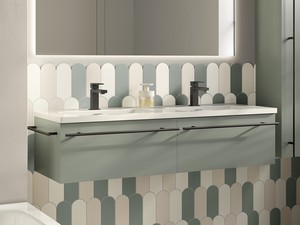 Badezimmermöbel LUMI Br.120 cm mit 2 Schubladen, mattgrün, mit Waschbecken Unitop ANDY aus glänzend weißer Keramik