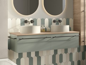 Badezimmermöbel LUMI L120 cm mit 2 Schubladen, mattes Nussbaum-/Grün-Finish mit Holzoptik-Aufsatz in Nussbaumporenoptik