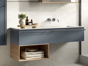 Badezimmermöbel LUMI L140 cm mit 2 Schubladen Nussbaum/Mattblau Waschbecken Unitop HIDE rechts aus glänzendem weißem Harz