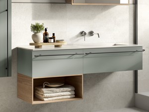 Badezimmermöbel LUMI L140 cm mit 2 Schubladen Nussbaum/mattgrün Waschbecken Unitop HIDE rechts aus mattweißem Kunstharz