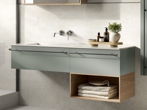 Badezimmermöbel LUMI Br. 140 cm mit 2 Schubladen Nussbaum/mattgrün Waschbecken Unitop HIDE links aus glänzendem weißem Harz