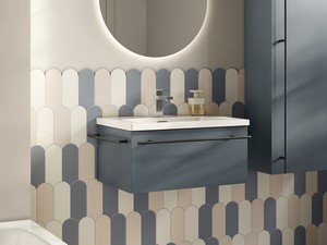 Badezimmermöbel LUMI L60 cm mit 1 Schublade, mattblau, mit Waschbecken Unitop ANDY aus glänzender weißer Keramik