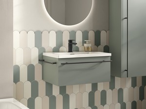 Badezimmermöbel LUMI L60 cm mit 1 Schublade, mattgrüne Oberfläche, mit Waschbecken Unitop SLIM aus glänzend weißem Harz