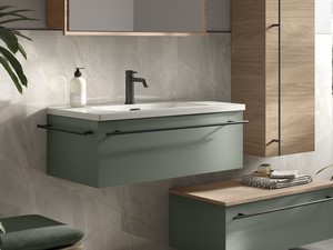 Badezimmermöbel LUMI L80 cm mit 1 Schublade, mattgrün, mit Waschbecken Unitop ANDY aus glänzend weißer Keramik