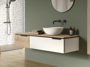 Badezimmermöbel TOUCH 140 cm 1 Schublade links und Aufsatz Eiche mit Astlöchern und 1 Schublade mattweiß